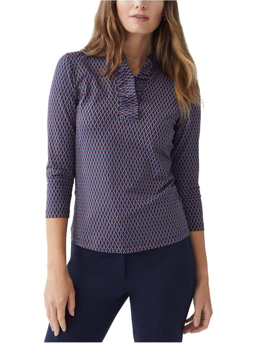 J. McLaughlin Navy and Tan Durham Catalina Cloth Geometric Ruffle-Neck Top Small